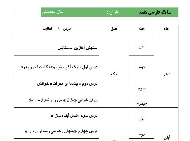 دانلود طرح درس سالانه فارسی هفتم